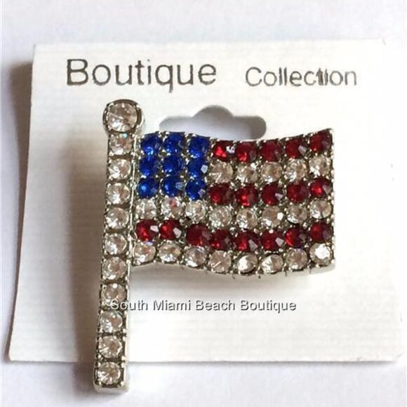 USA American Flag Pin Brooch Patriotic July 4th US Crystal Silver Plated 1.5" - Picture 4 of 12